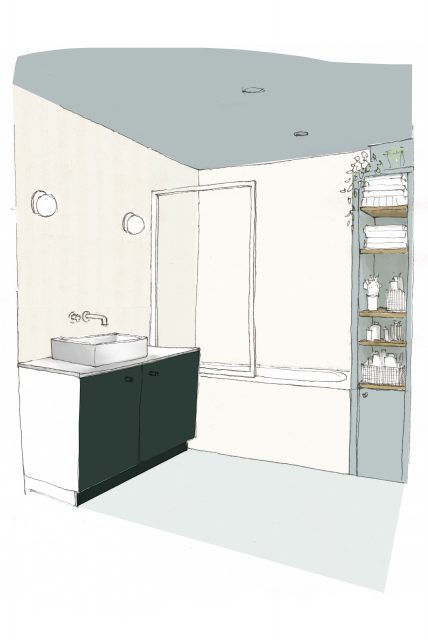 Dessin 3D de pré-visualisation de la salle de bain bleu gris et crème du projet d'architecture intérieure Paris 16