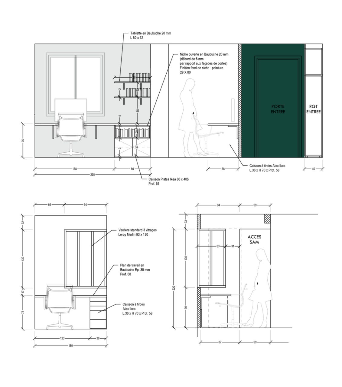 Dessin technique Autocad, élévation des menuiseries sur mesure du bureau et de l'entrée du projet Champigny-sur-Marne afin de transmettre les indications à l'entreprise.