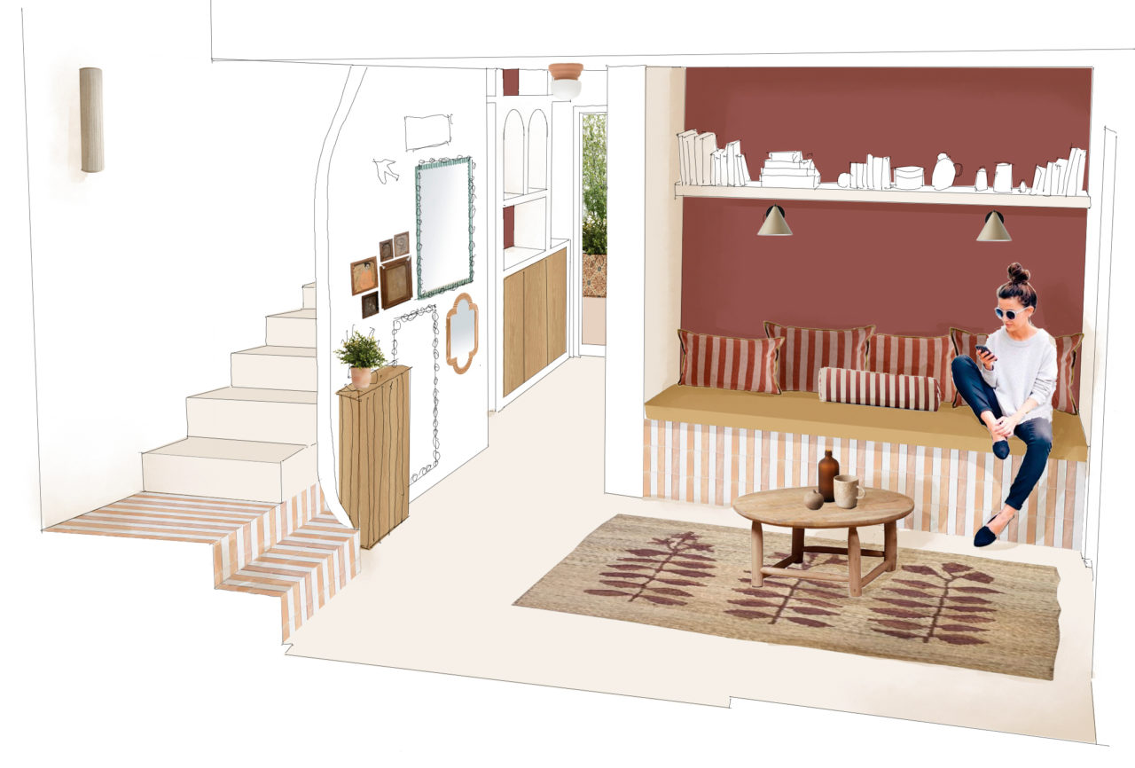 Vue 3D d'un projet de rénovation, proposition d'univers et couleurs pour un projet de maison au Portugal, près de Lisbonne